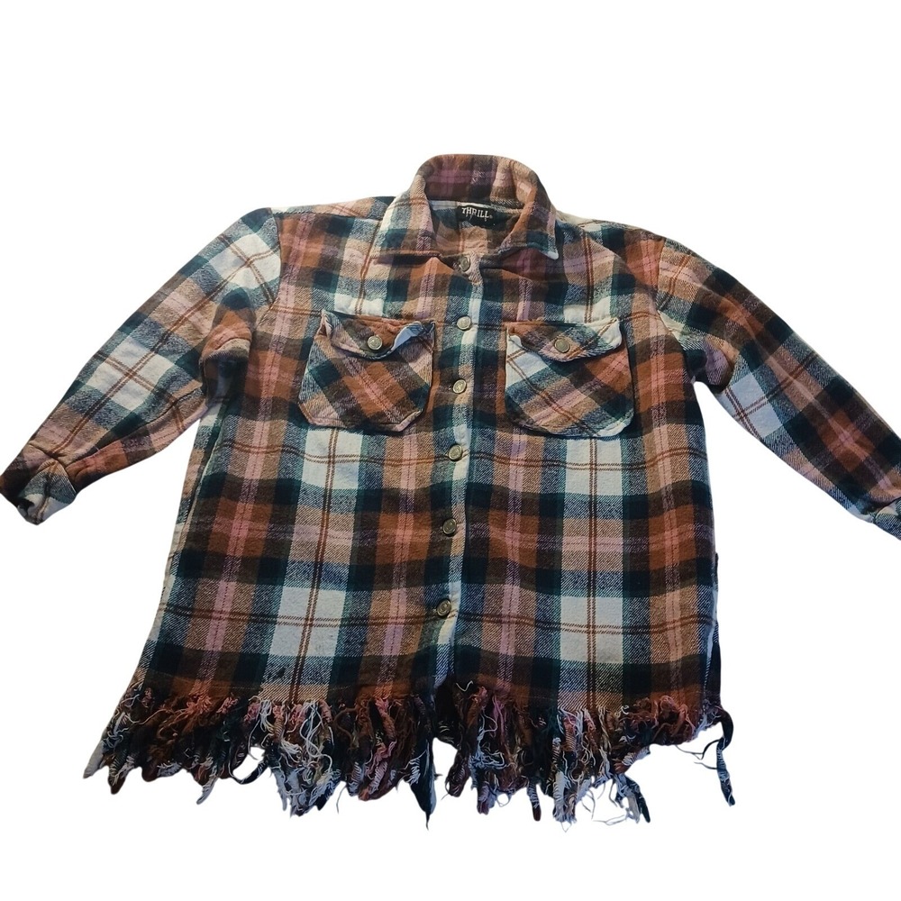 THRILL‎ Plaid Flannel Fringe Hem Shacket Western Grunge Women's S READ Indie
